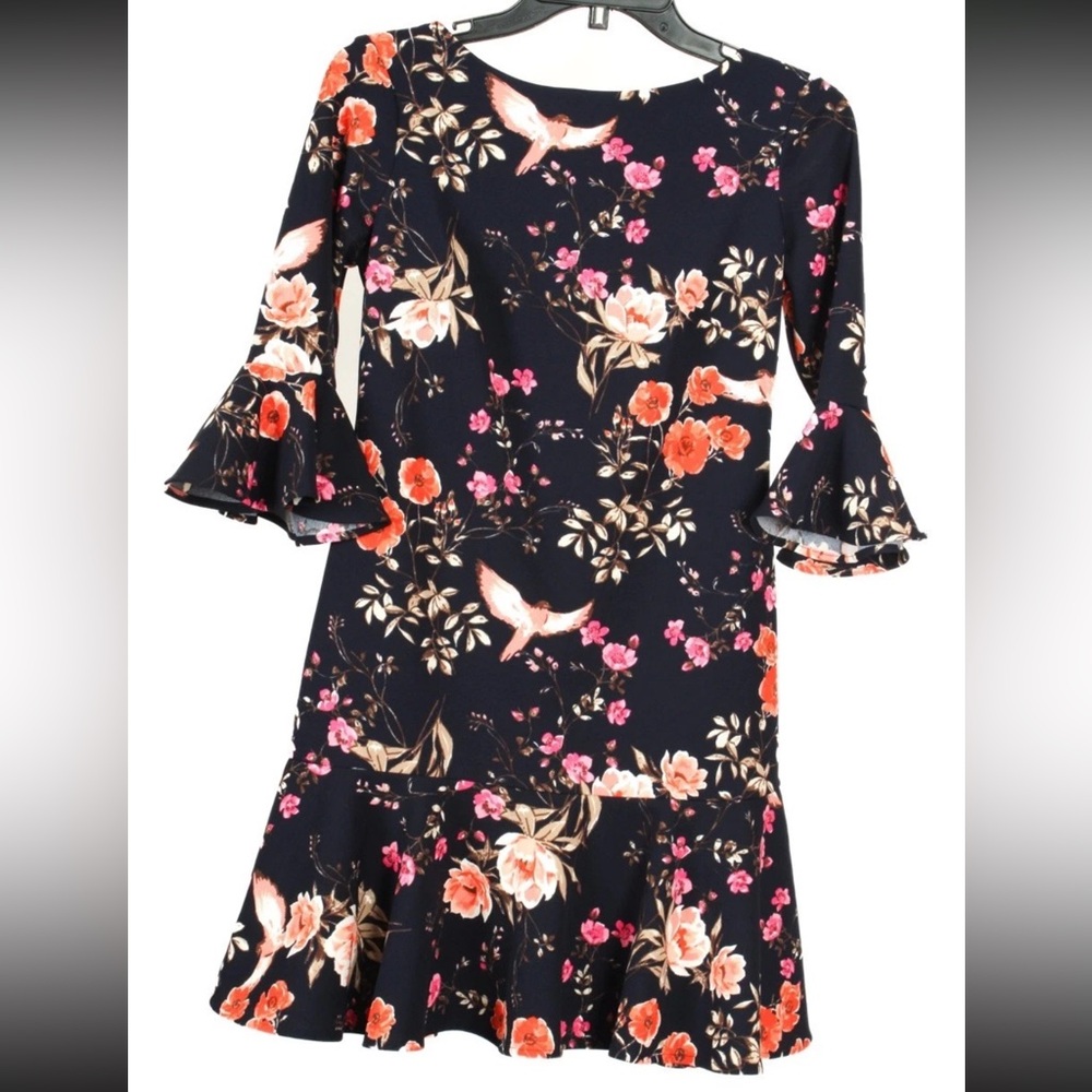 Eliza J Dress Women’s 2P Navy Blue Orange Floral Shift Pleated Ruffle 3/4 Sleeve